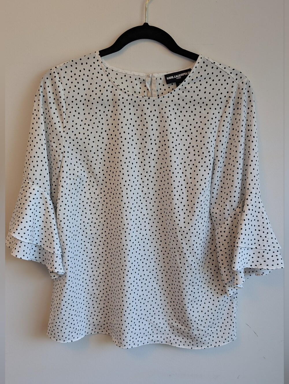 Karl Lagerfeld White Blouse with Black Polka Dots and Ruffle Sleeves